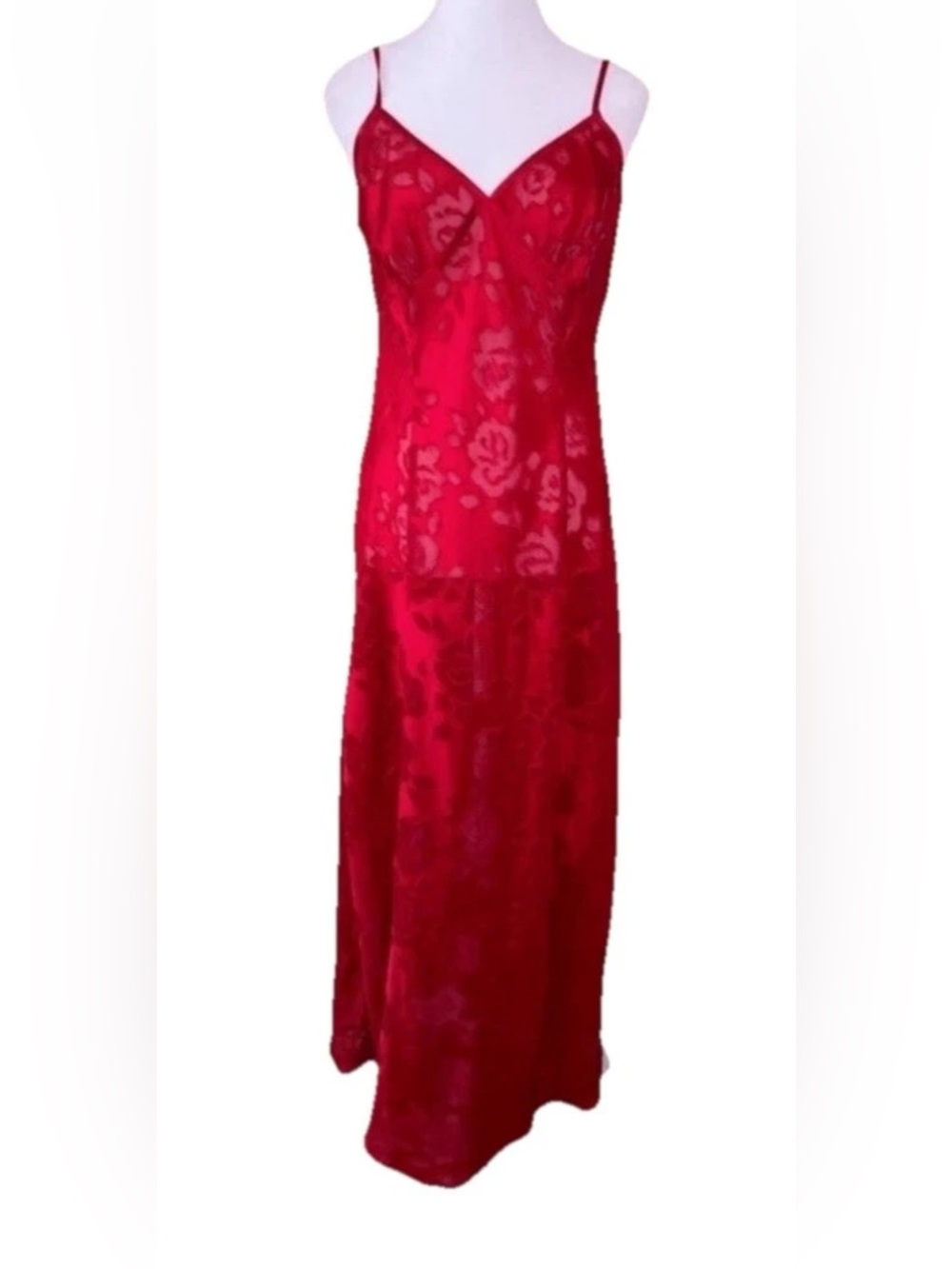 Victoria's Secret Gold Label Size L Slip Nightie Red Floral Lace Maxi High Slit